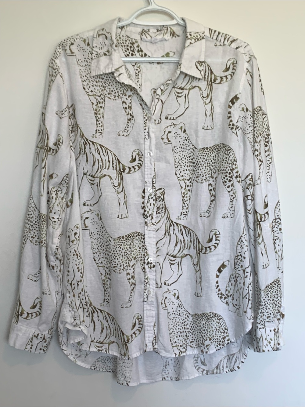 Linen Blend Wild Cat Button Up Tunic Blouse Tigers Leopard Sz XL Roll Tab Sleeve